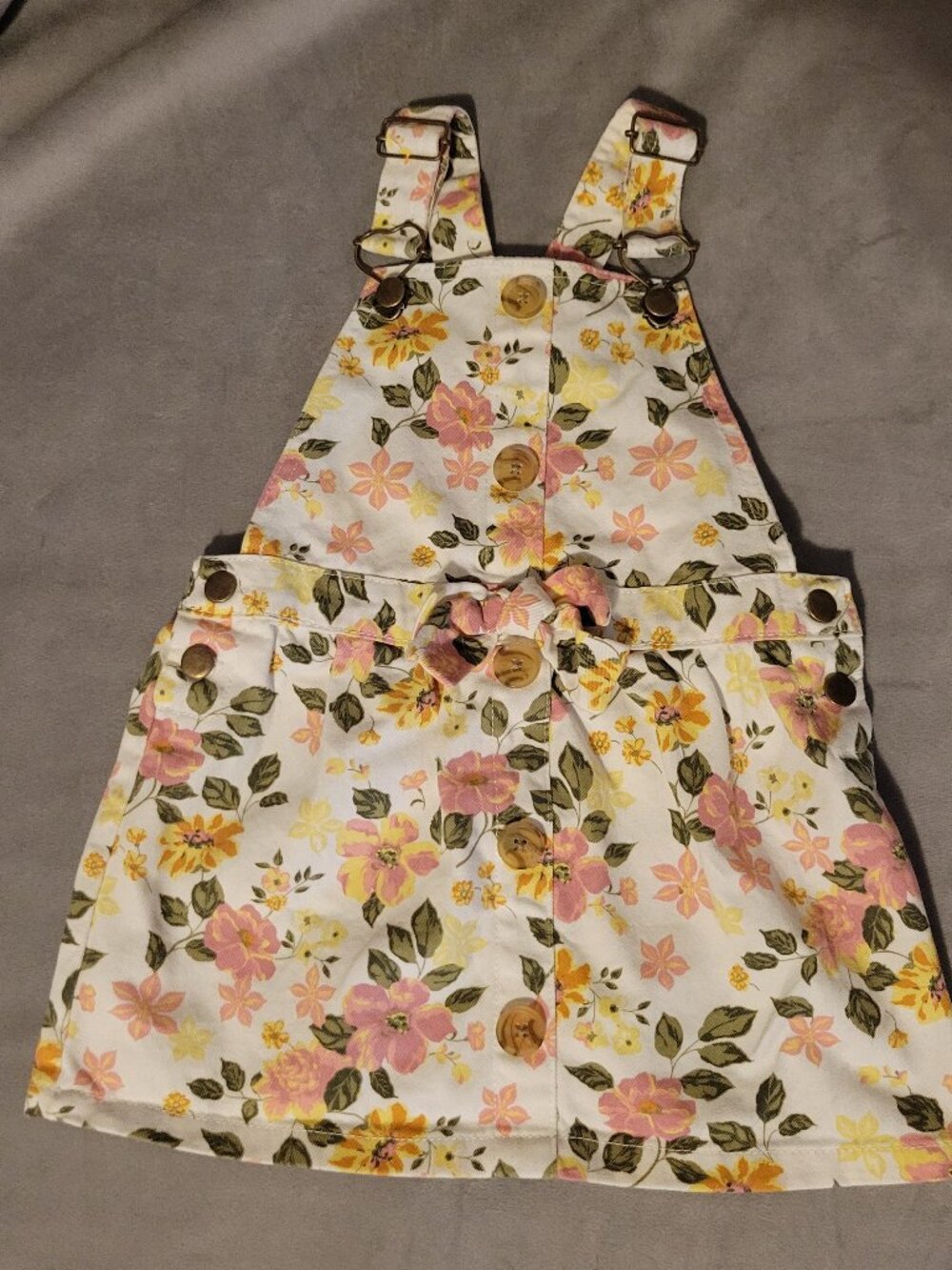 Little Lass 3T Floral Denim Overall Bib Dress Tie Faux Buttons Heart Clasps